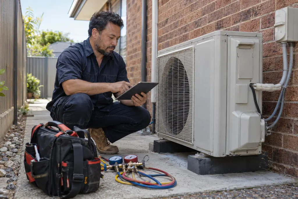 An air conditioning technician beside an outdoor condenser unit at a house, reviewing a job on a tablet with a service bag at their feet