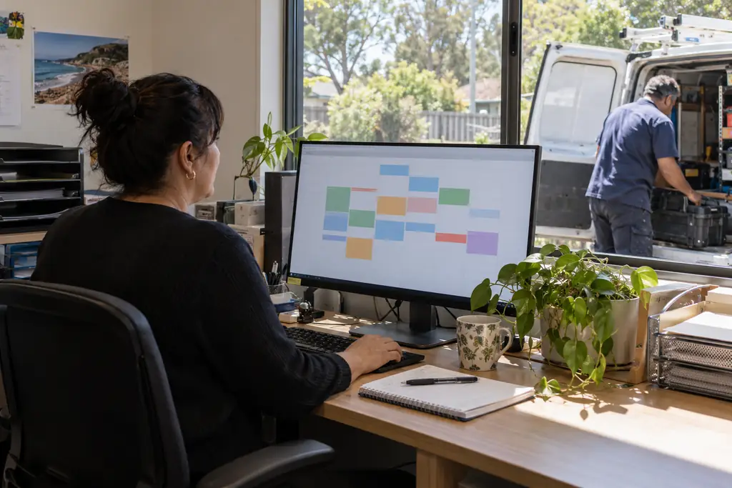 An office coordinator at a desk with a large monitor showing a weekly calendar grid with no readable text, while a uniformed technician loads a van outside the window