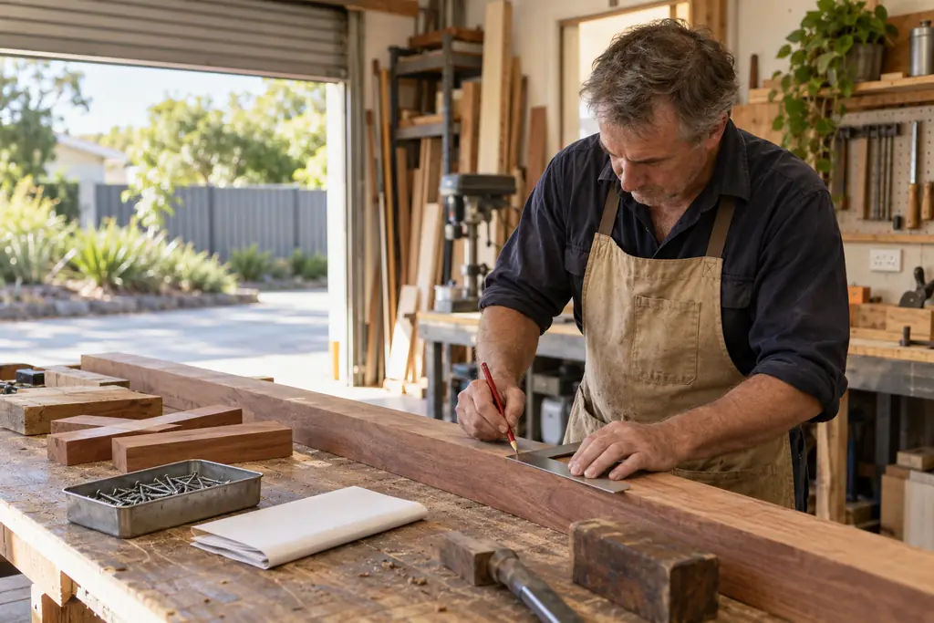 A builder marking a length of hardwood with a pencil and square at a timber workbench