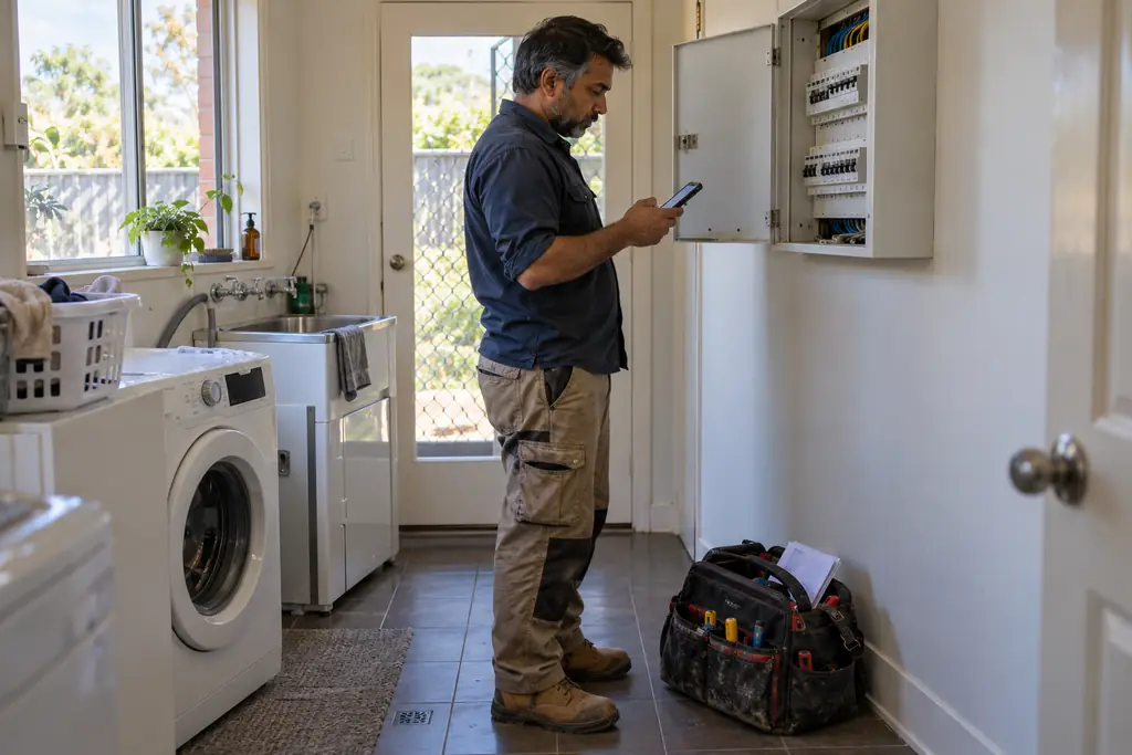 An electrician beside a laundry switchboard filling in a job record on a phone with a folded paper job sheet in the tool bag