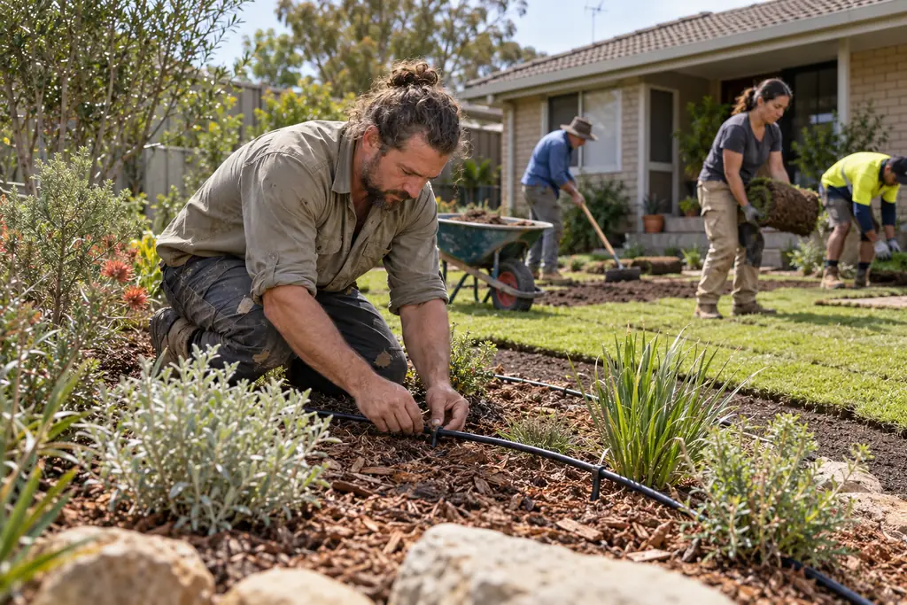 A landscaper adjusting a drip irrigation line beside fresh mulch and native plants while a crew lays turf behind
