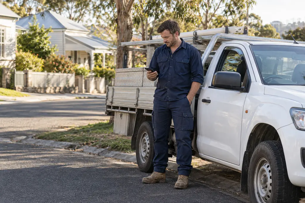 A plumber in navy work clothes checking a phone beside a white work ute on an Australian suburban street