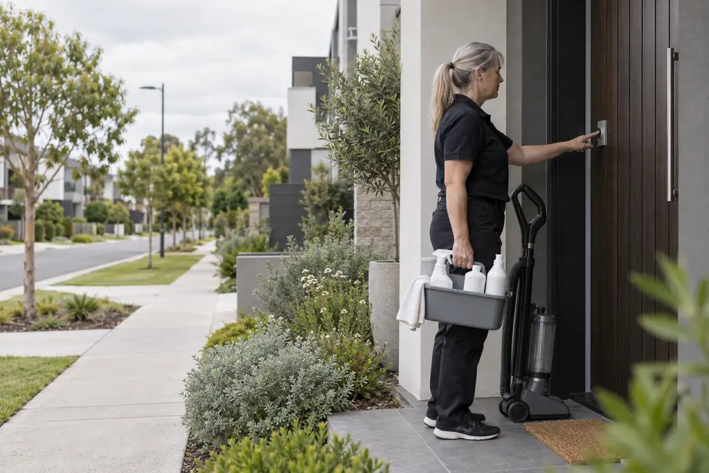 A cleaner with a vacuum and cleaning caddy ringing the doorbell of a modern townhouse
