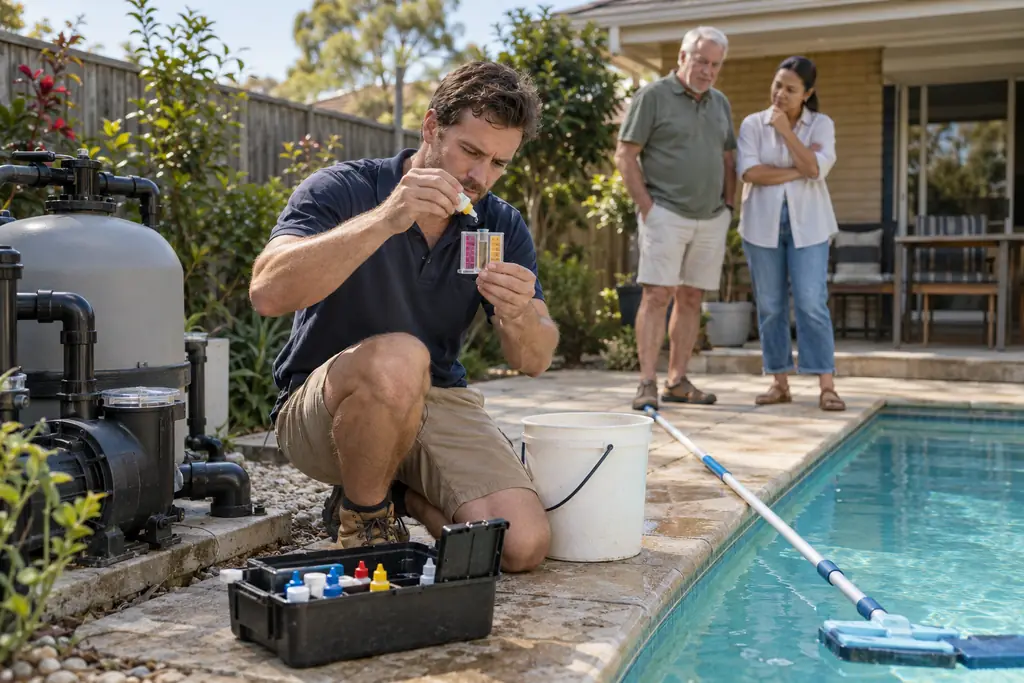 A pool technician testing water with a test kit beside a backyard pool with the filter and pump nearby