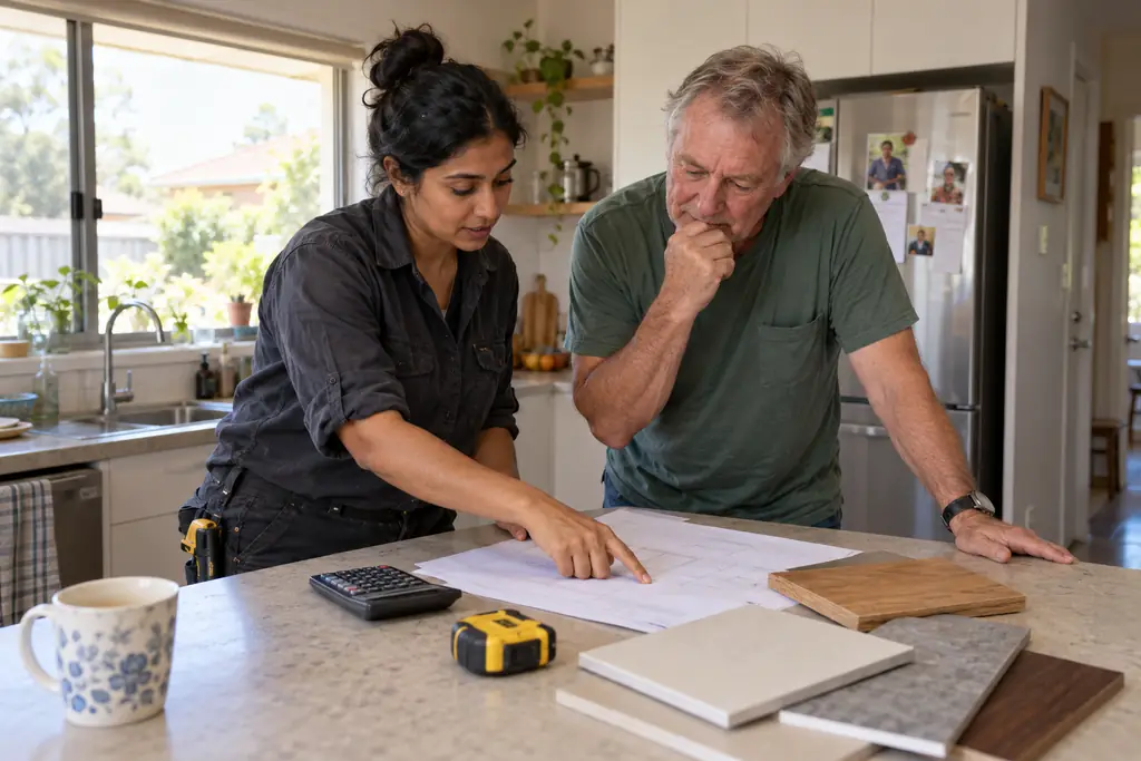 A tradesperson and homeowner reviewing a printed quote at a kitchen bench with a calculator, tape measure and material samples