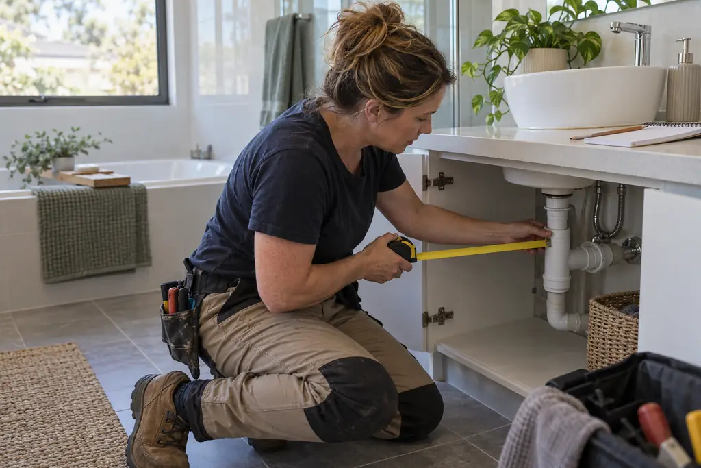 A plumber measuring pipework under a bathroom vanity before preparing a quote