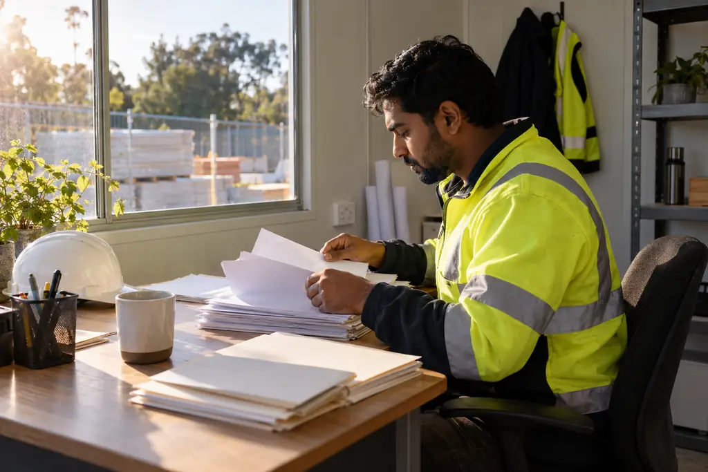 A tradesperson in hi-vis sorting a stack of paper job sheets and folders at a small site-office desk