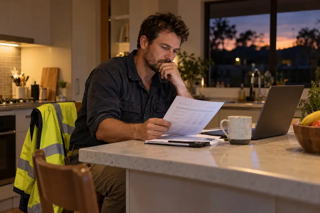 A tradesperson at a kitchen bench reviewing a printed invoice next to a laptop