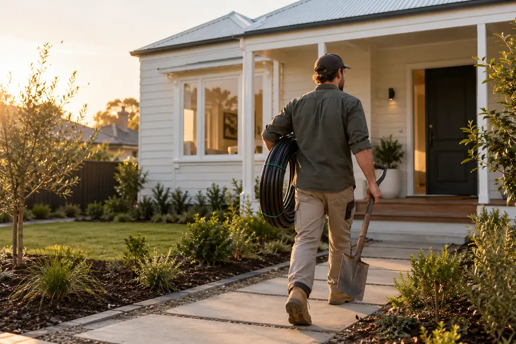 A landscaper walking up the front path of a renovated weatherboard house carrying a spade and irrigation pipe