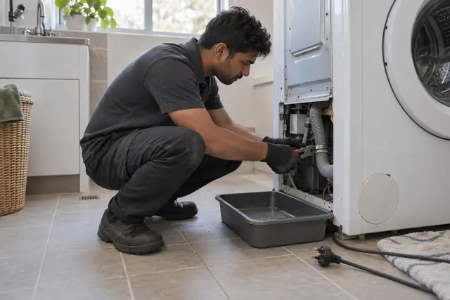Appliance & equipment service: washing machine drain fault diagnosis in progress