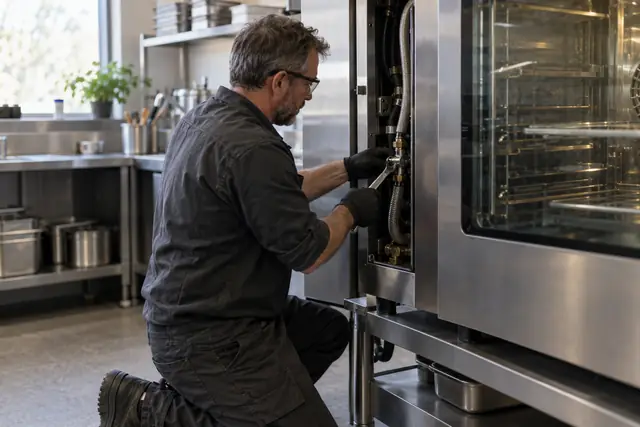Commercial kitchen equipment: commercial dishwasher wash fault repair in progress
