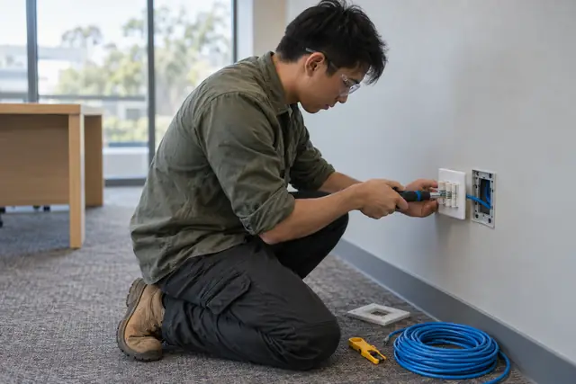 Data, telecoms & low voltage: office data outlet installation in progress
