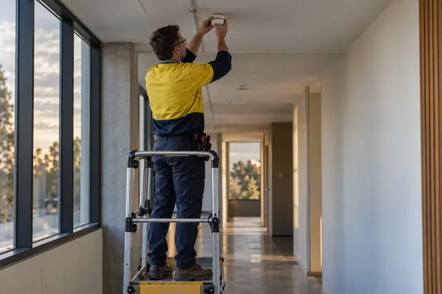 Fire alarms & equipment: commercial fire alarm service inspection in progress