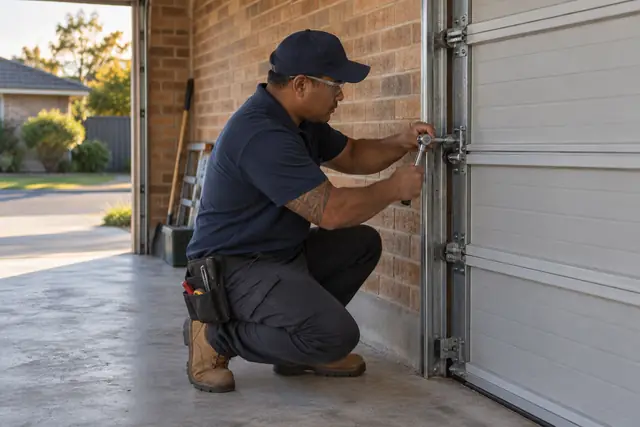 Garage doors, gates & motors: sectional garage door service in progress