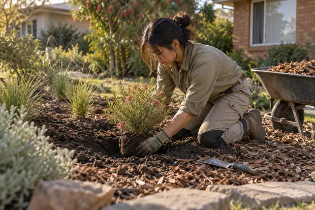Landscaping & irrigation: front garden planting and mulch installation in progress