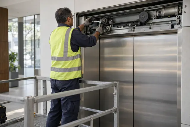 Lift maintenance: passenger lift planned maintenance visit in progress