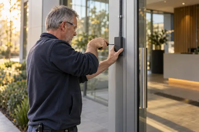 Locksmith, security & access control: residential front door lockout in progress