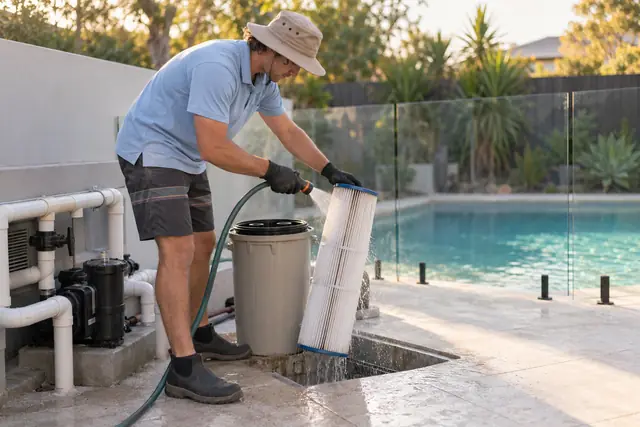 Pool & spa servicing: monthly pool water check and balance in progress