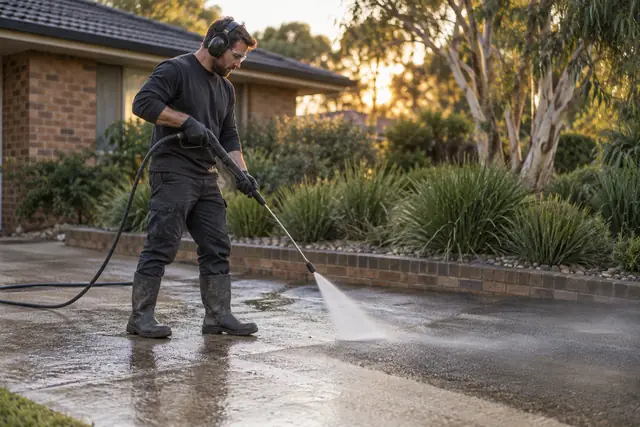 Pressure washing, gutters, ducts & chimneys: driveway pressure clean in progress