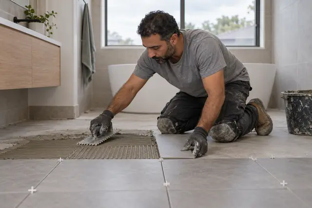 Tiling, flooring & carpet: bathroom wall and floor tiling in progress