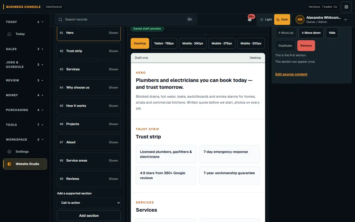Composer: arrange sections with a live preview in Website Studio — illustrative walkthrough