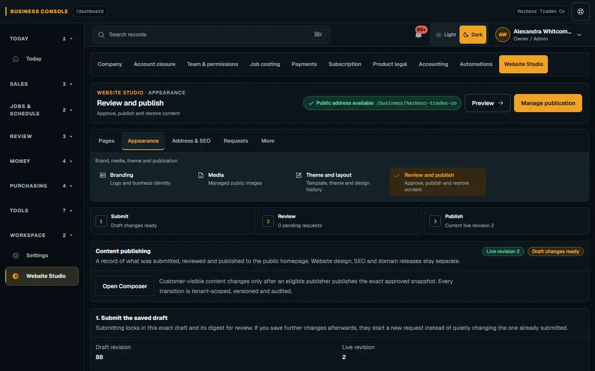 Review and publish in Website Studio — illustrative walkthrough