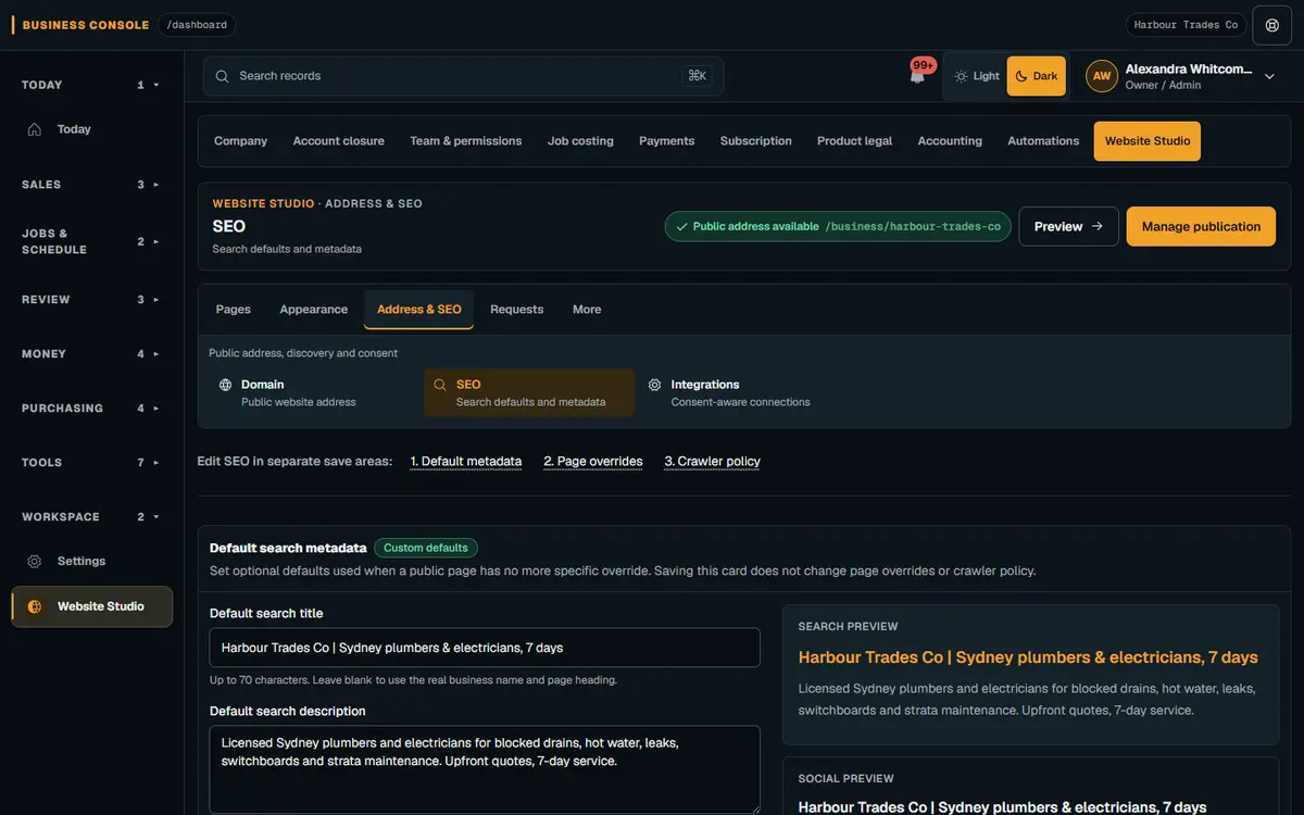 SEO screen in Website Studio: SEO